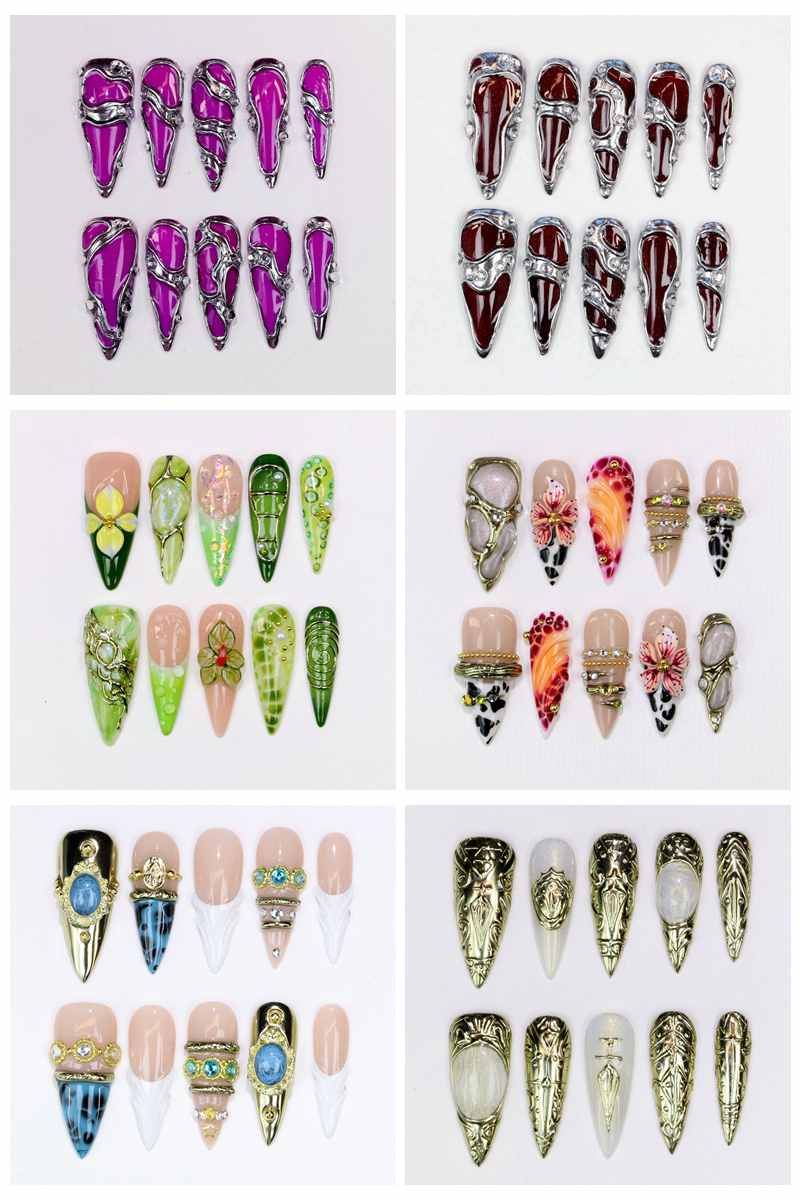 Resin Art Purple - 10 Uñas Postizas Stiletto Largas con